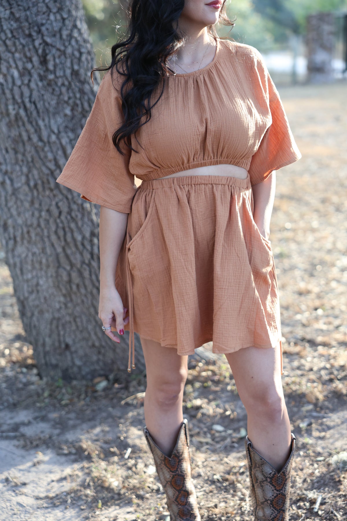 Tan woven cut out dress