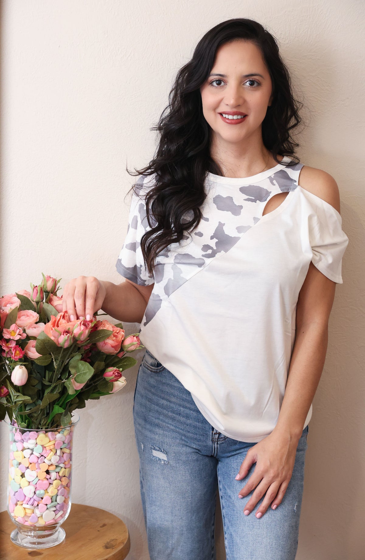 Cow Print with Cut-out Shoulder Top