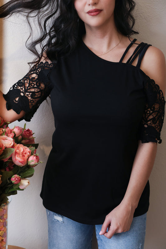 One Laced Shoulder Black Top