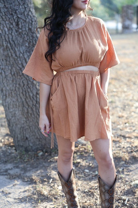 Tan woven cut out dress