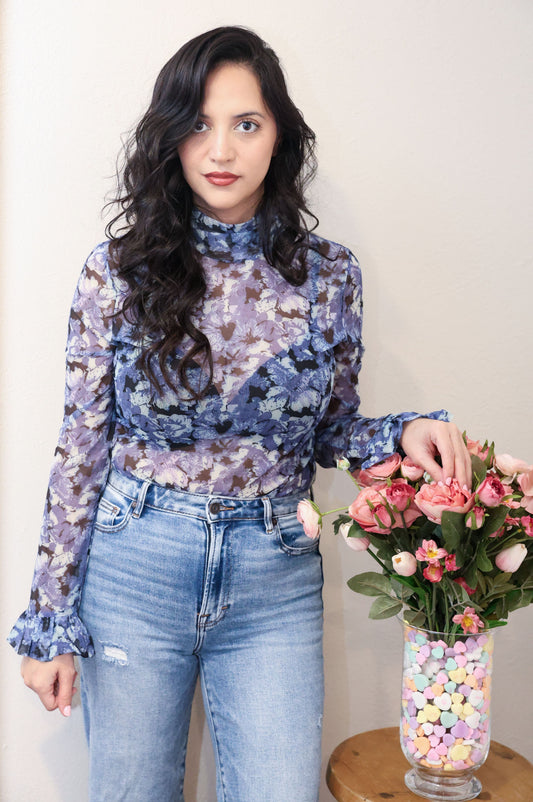 Long Sleeve Purple Floral Mesh Top
