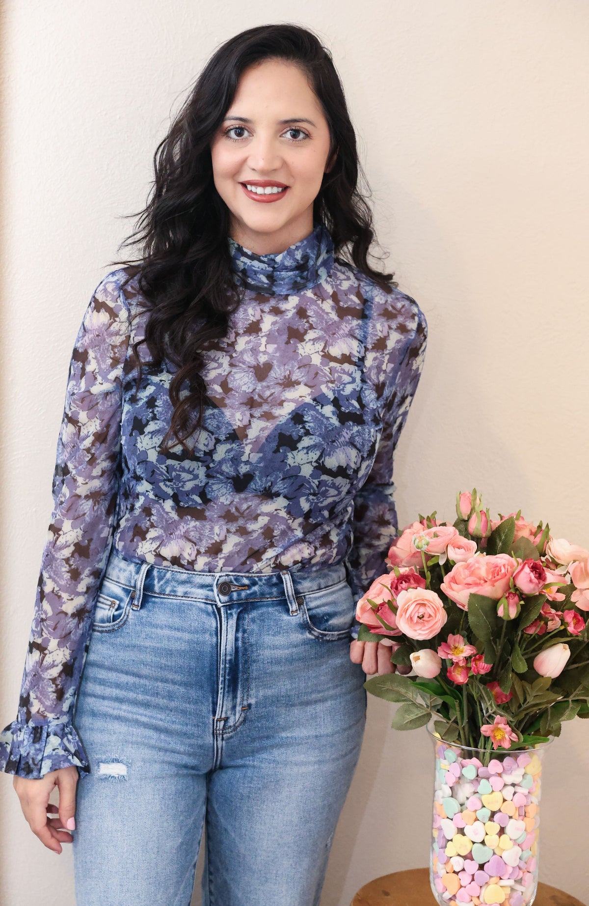 Long Sleeve Purple Floral Mesh Top