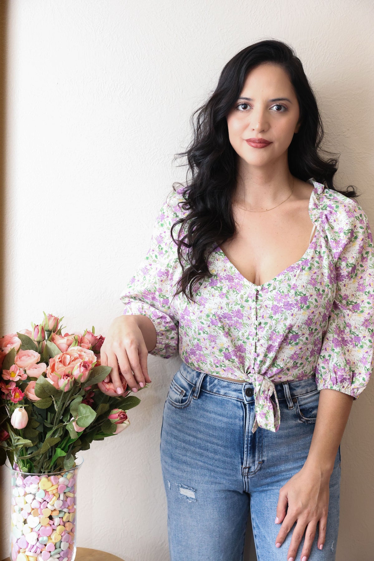 White & Lavender Floral Print Top
