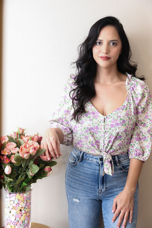 White & Lavender Floral Print Top