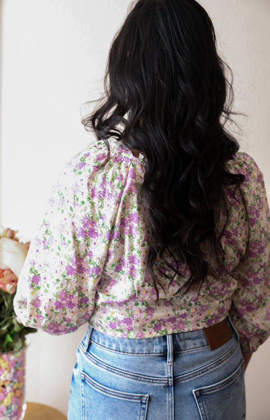 White & Lavender Floral Print Top