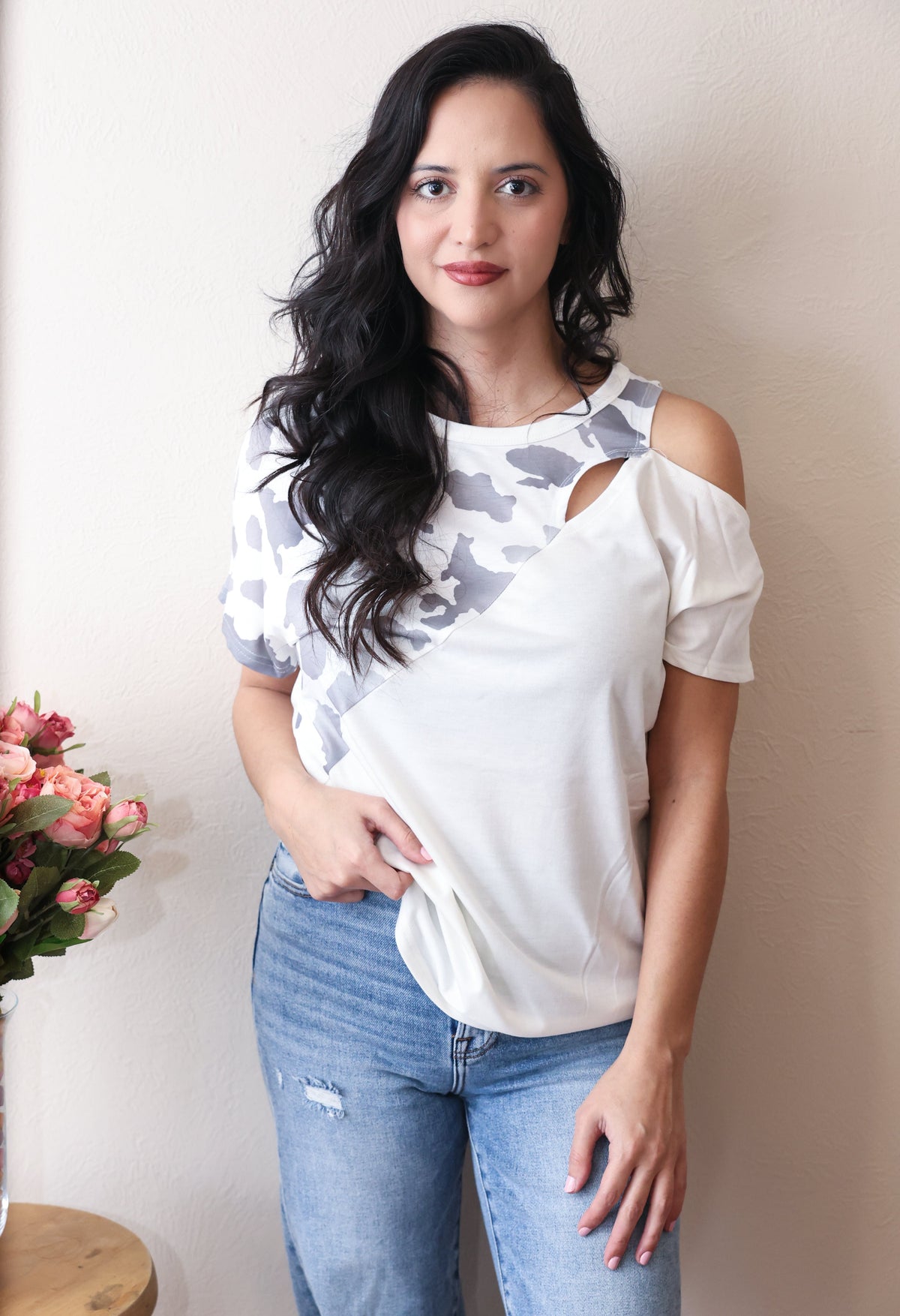 Cow Print with Cut-out Shoulder Top