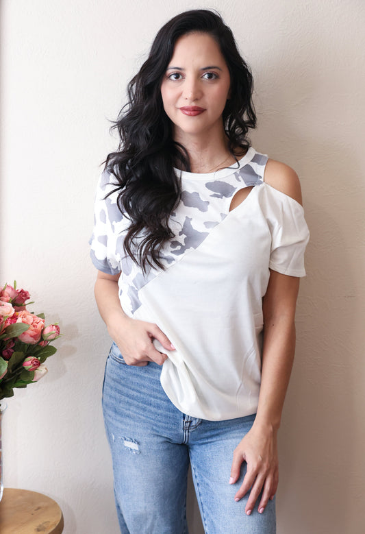 Cow Print with Cut-out Shoulder Top