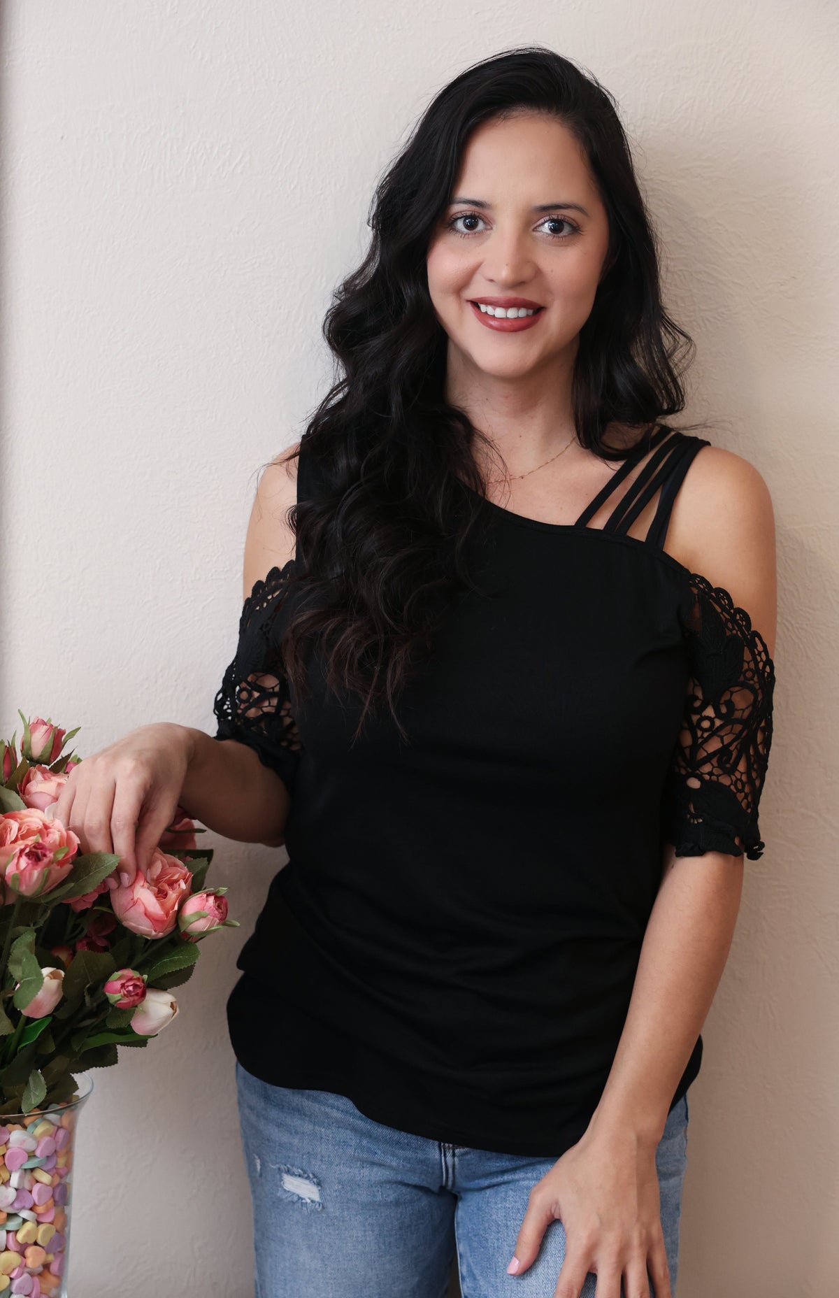 One Laced Shoulder Black Top