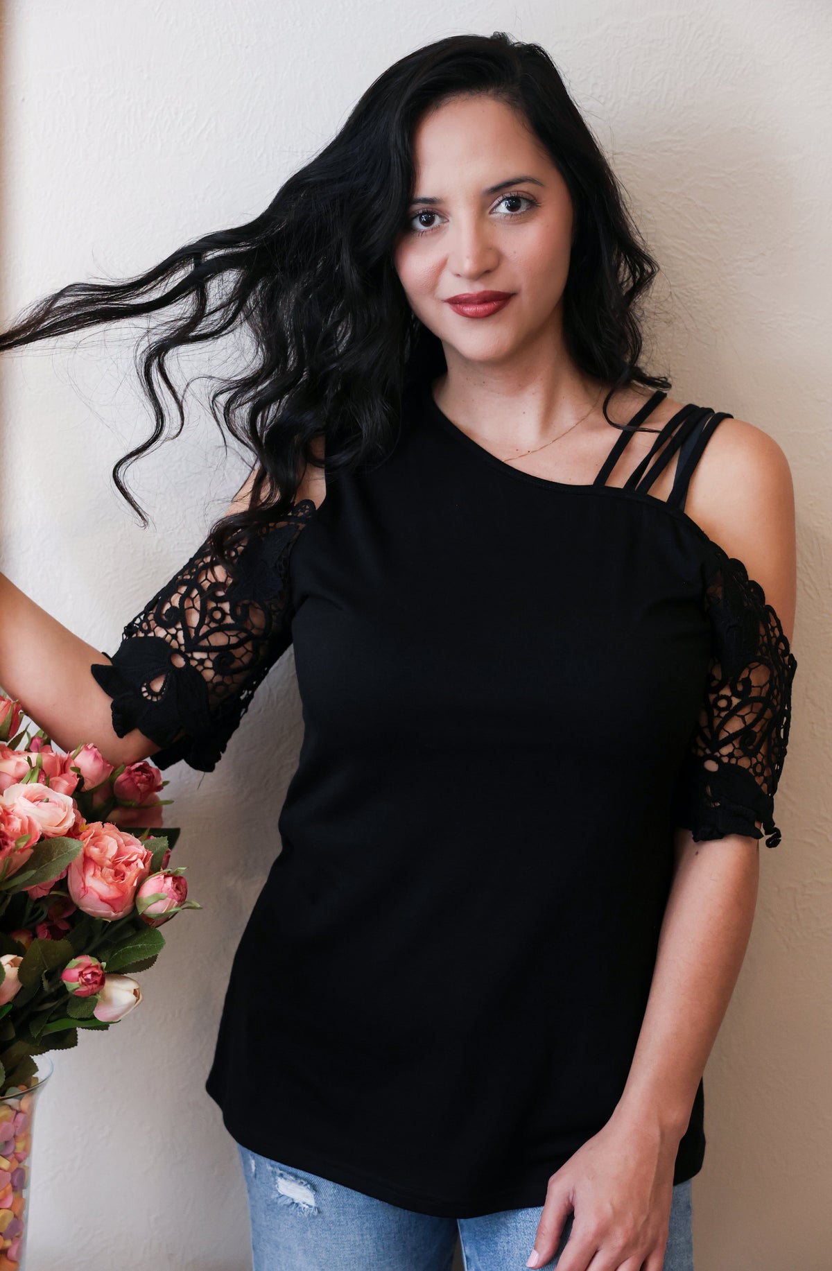 One Laced Shoulder Black Top