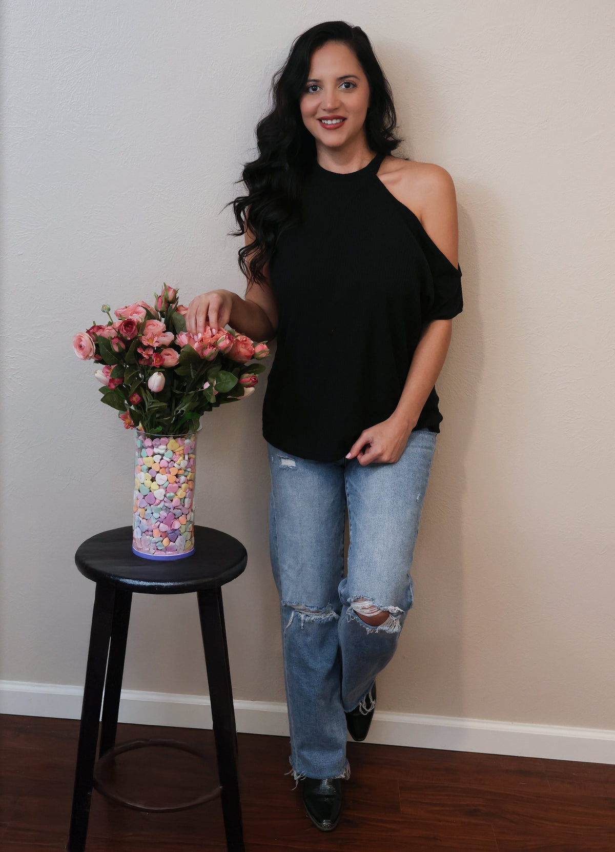 Black Ribbed with Shoulder Cut-Out top