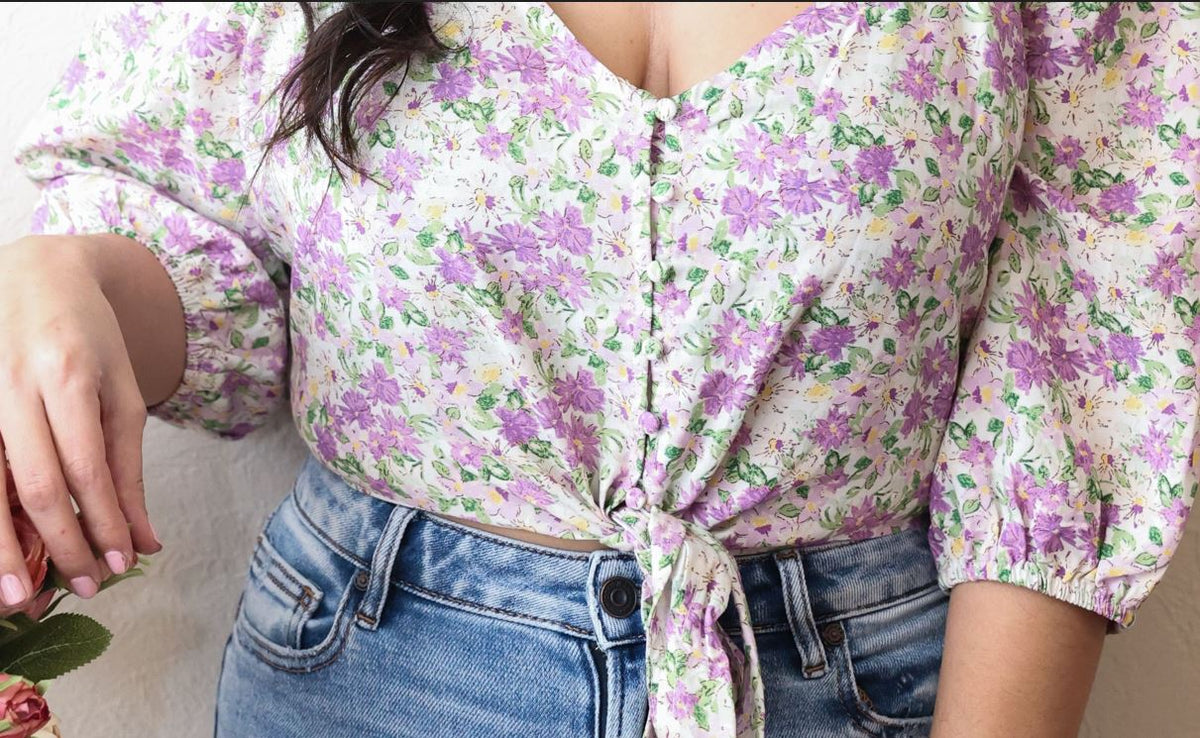 White & Lavender Floral Print Top
