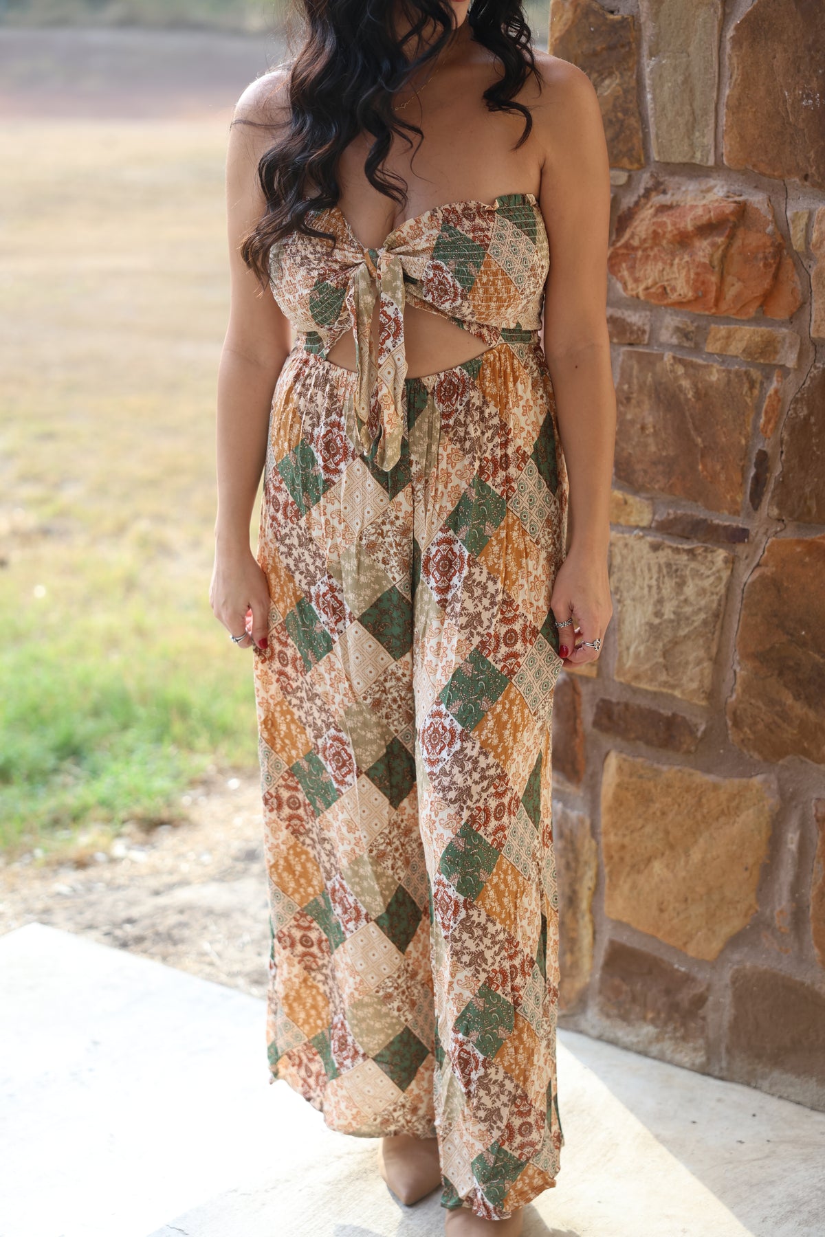 Rustic Patchwork Strapless Jumpsuit