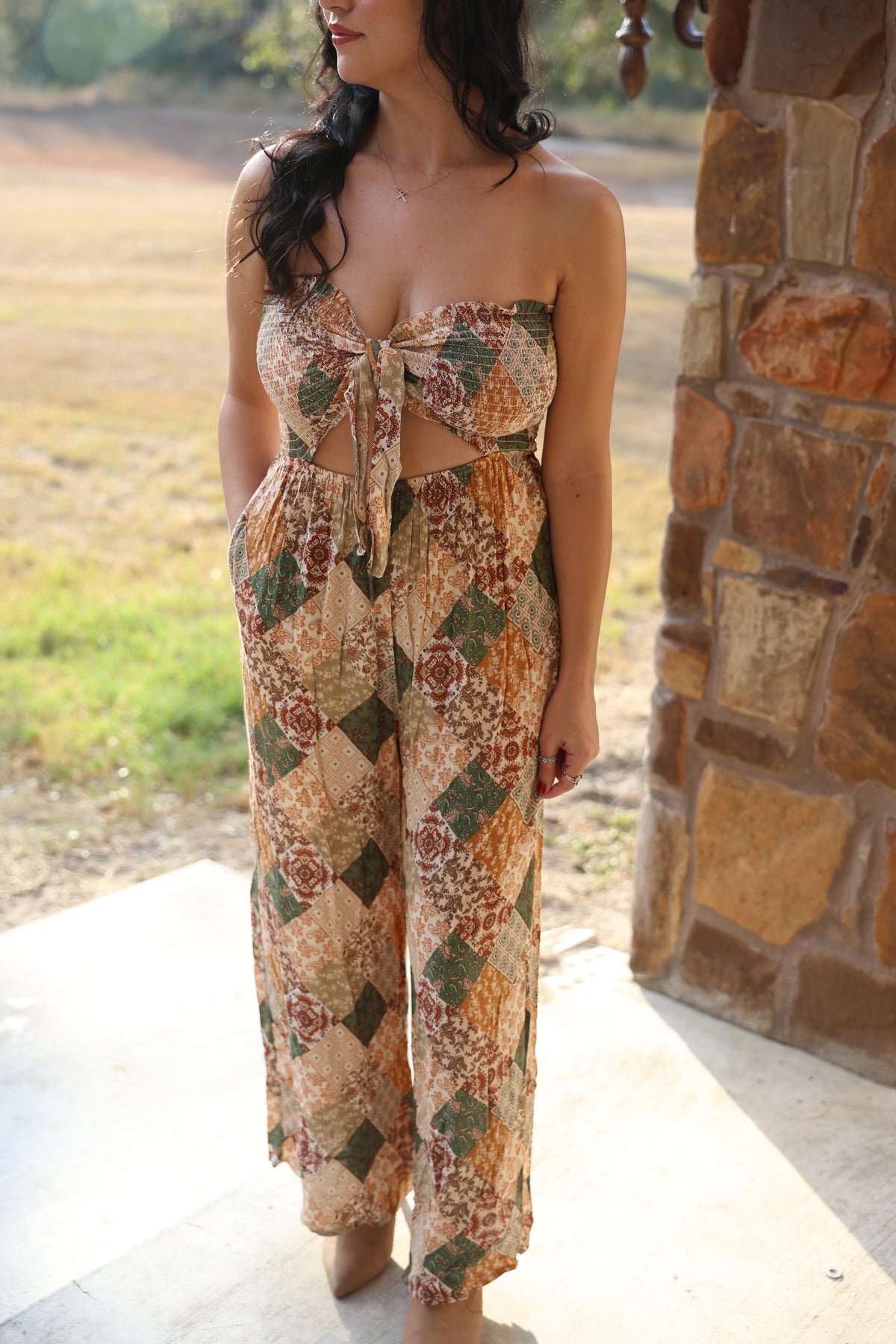 Rustic Patchwork Strapless Jumpsuit